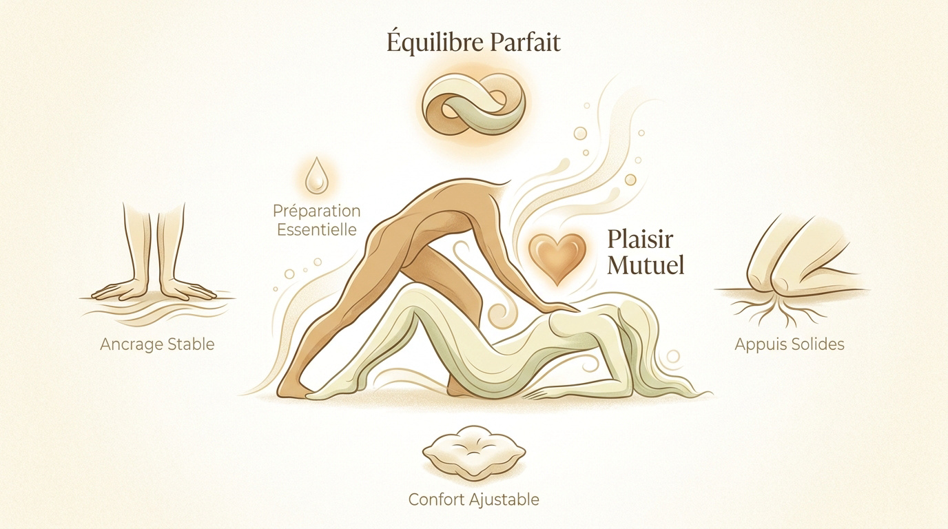 Infographie illustrant les points d'appui et l'équilibre pour la position de la levrette