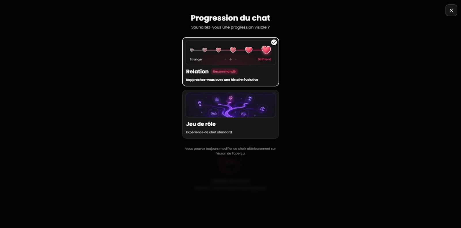 Écran Progression du chat de Candy AI proposant le mode Relation avec une jauge de Stranger à Girlfriend ou le mode Jeu de rôle