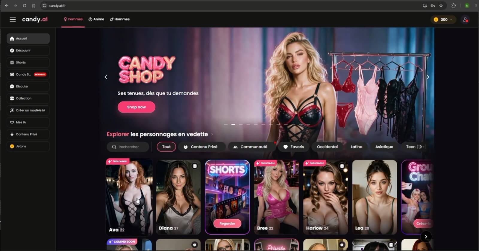 Interface d'accueil de Candy AI en français avec la galerie de personnages, le menu latéral et le compteur de jetons